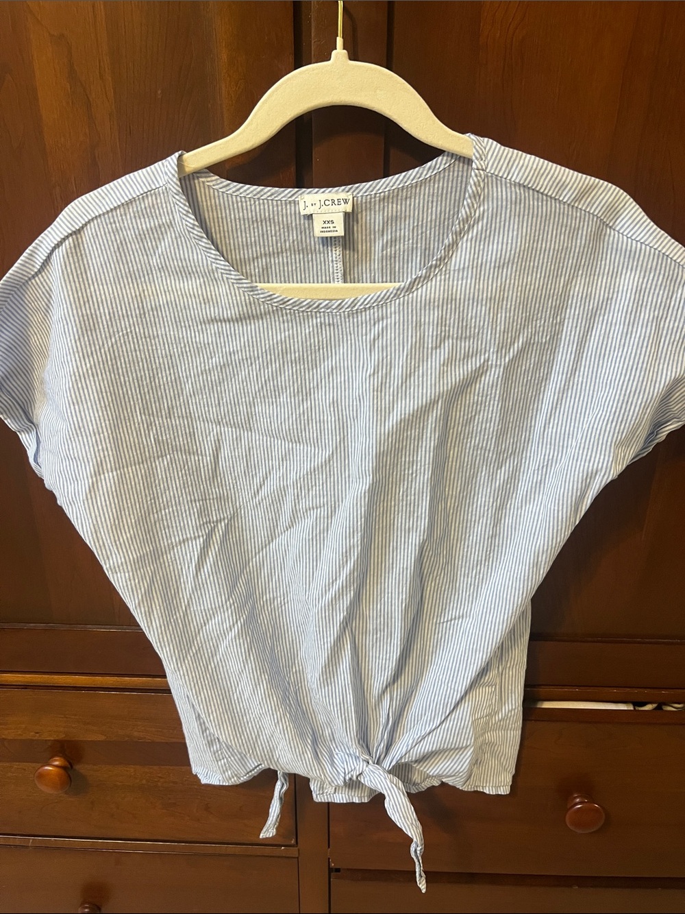 J. Crew Light Blue & White Pinstripe Tie-Front Crop Top